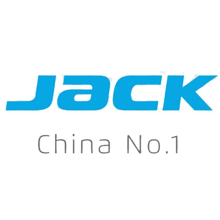 Le logo des machines à coudre Jack présente le mot "JACK" en lettres minuscules audacieuses avec un dégradé de bleu en trois dimensions. Le slogan "China No.1" est affiché en dessous dans une police plus petite et simple. L'arrière-plan est discret, avec un motif de filigrane de lignes verticales passant du blanc au bleu, créant une impression industrielle propre et moderne.