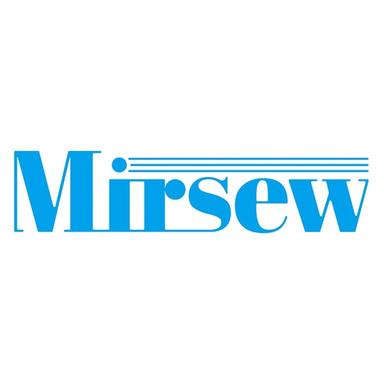 Le logo affiche le mot "Mirsew" en lettres majuscules audacieuses avec un effet de transparence. Les lettres ont une teinte bleue qui va d'un bleu clair à un bleu plus foncé de gauche à droite, avec des éléments de design qui imitent les lignes d'un code-barres et des points à certains points de coupe des lettres. L'effet global est moderne et technologique, suggérant une marque qui se spécialise dans des produits précis et de haute technologie.
