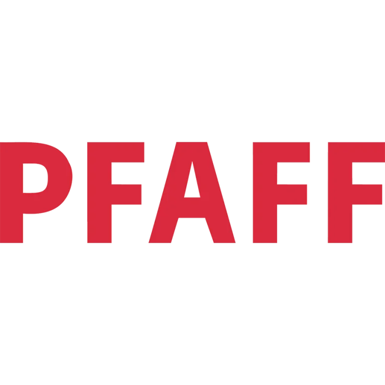 Les lettres "PFAFF" sont affichées en majuscules, en gras et en couleur rouge, se détachant sur un fond noir. Le design épuré et moderne de la typographie transmet une impression de robustesse et de qualité, caractéristiques associées à cette marque.